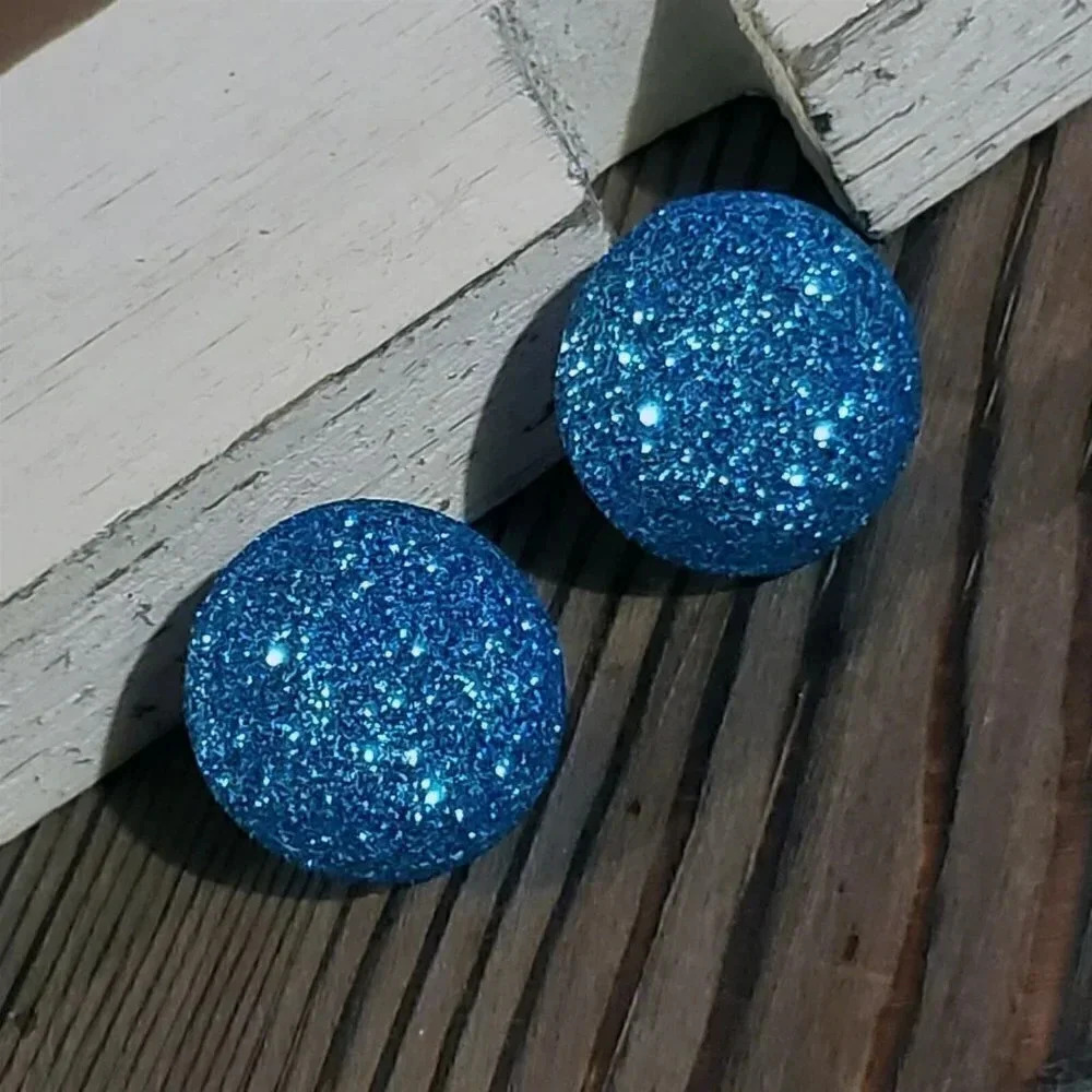 Retro 80s Club Glam Disco Sparkly Turquoise Blue Fabric Button Earrings - Picture 8 of 10